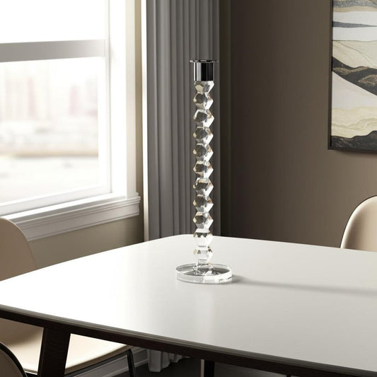 14" Clear And Silver Geo Stacks Crystal Tabletop Taper Candlestick