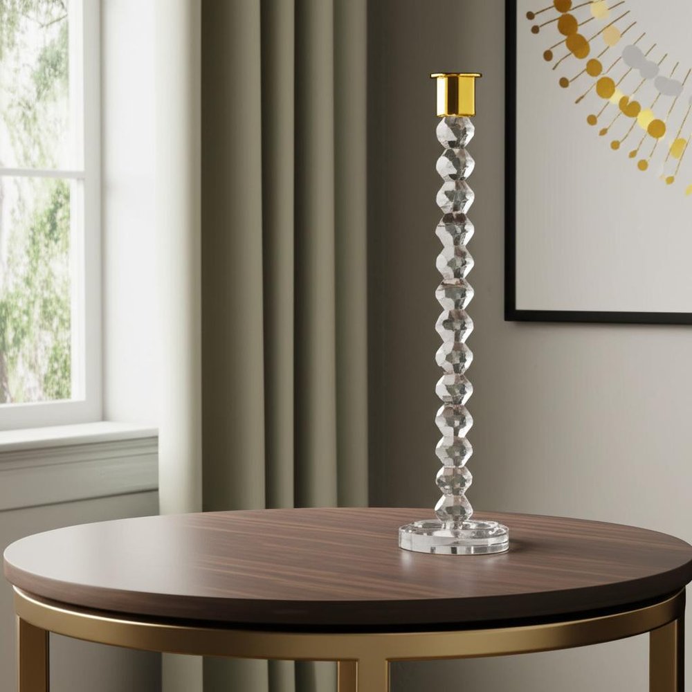 14" Clear And Gold Geo Stacks Crystal Tabletop Taper Candlestick