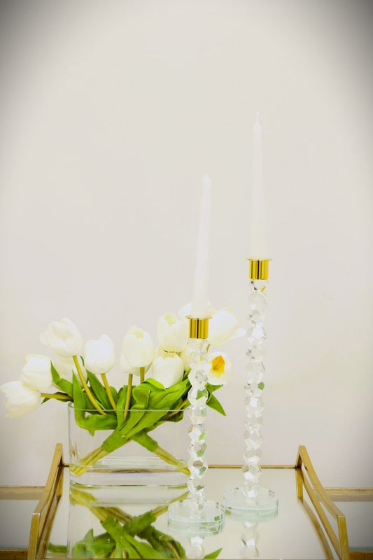 14" Clear And Gold Geo Stacks Crystal Tabletop Taper Candlestick