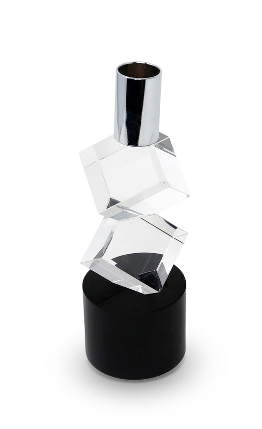 8" Silver Clear And Black Faceted Crystal Tabletop Taper Candlestick