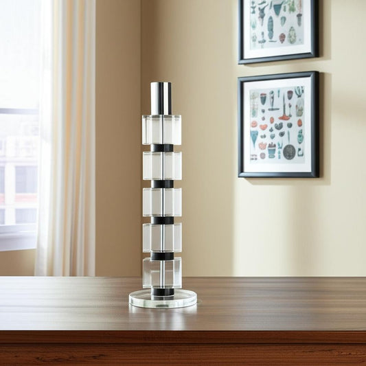 11" Silver Clear And Black Geo Crystal Tabletop Taper Candlestick