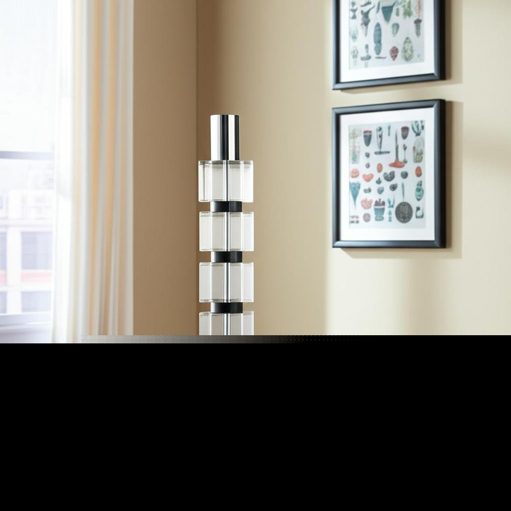 11" Silver Clear And Black Geo Crystal Tabletop Taper Candlestick