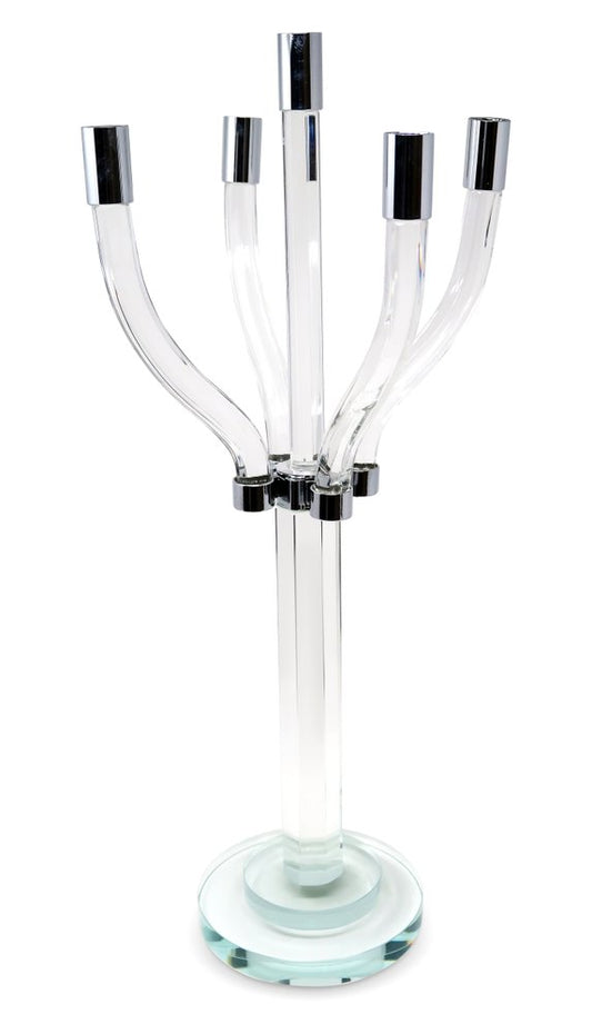20" Clear And Silver Crystal Tabletop Contempo Candelabra Candle Holder