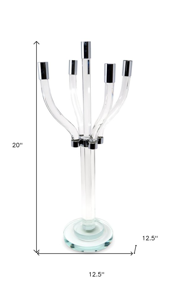 20" Clear And Silver Crystal Tabletop Contempo Candelabra Candle Holder