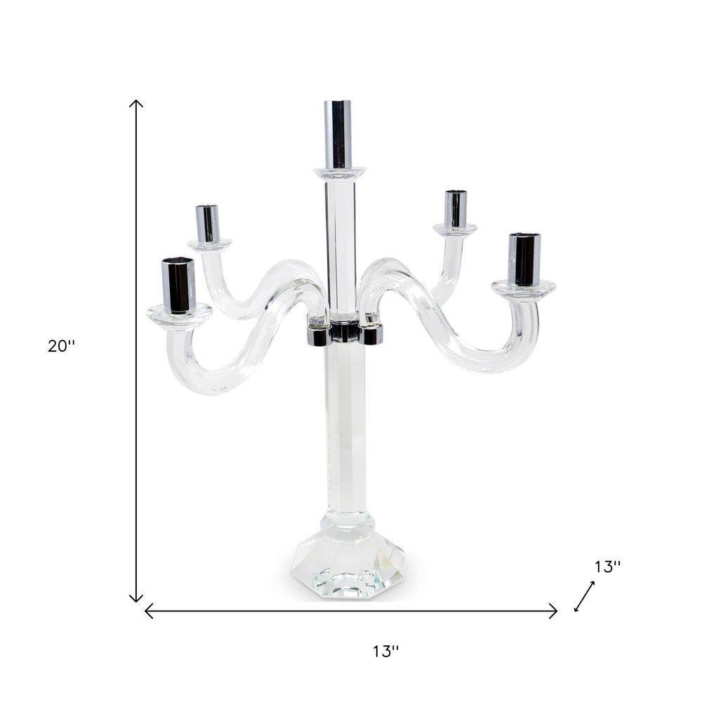 20" Clear And Silver Crystal Tabletop Candelabra Candle Holder
