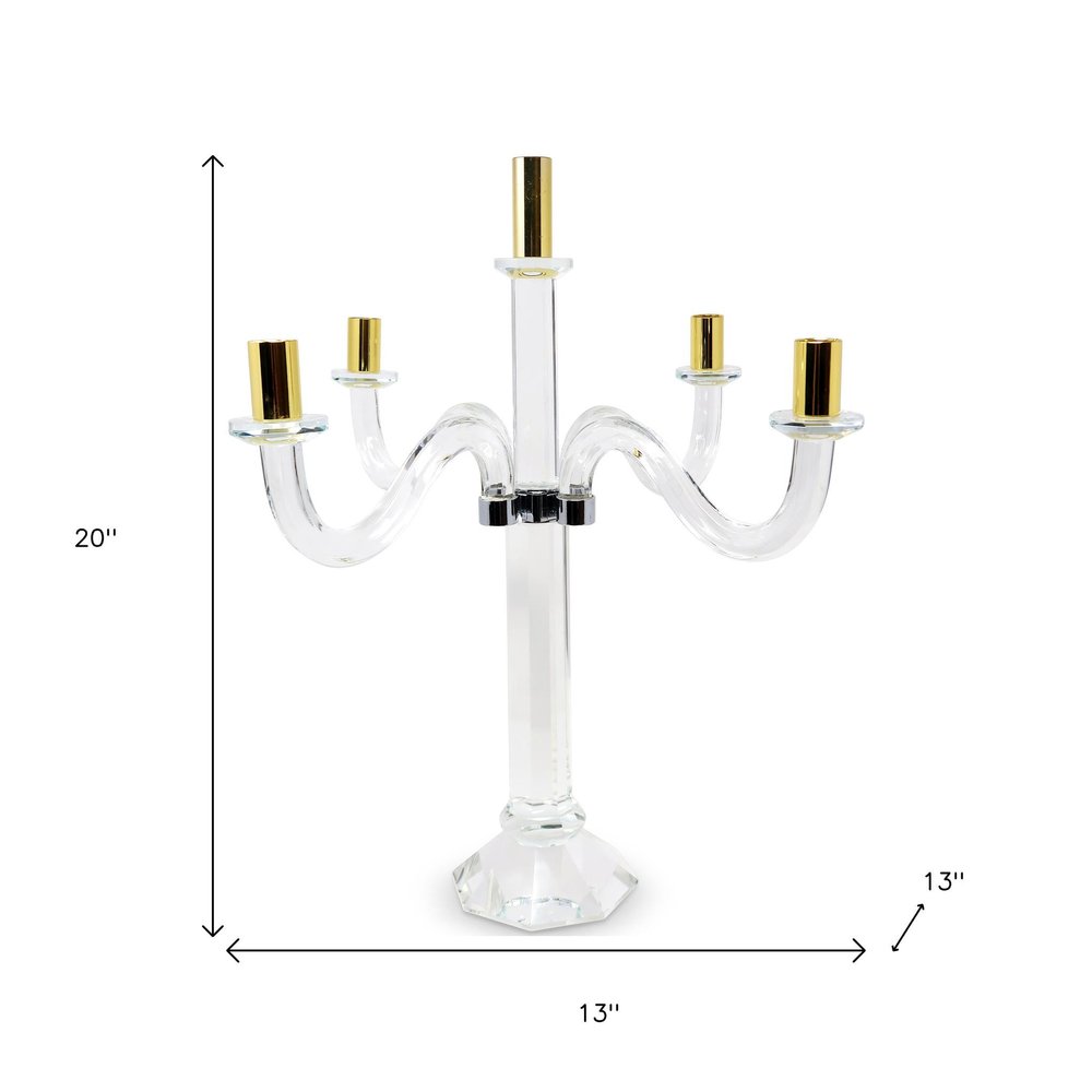 20" Clear Silver And Gold Crystal Tabletop Candelabra Candle Holder