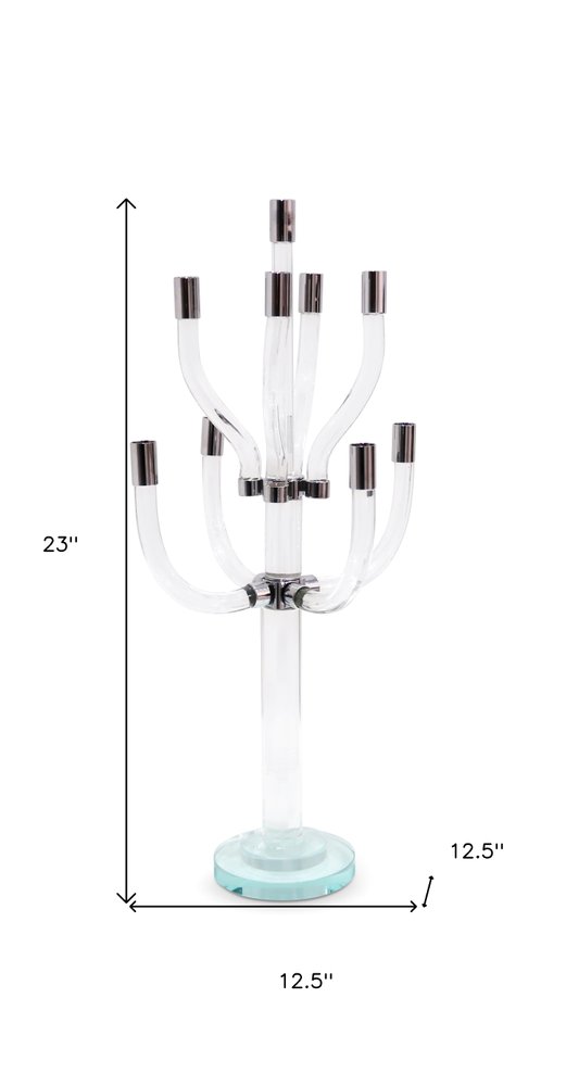 23" Clear And Silver Crystal Tabletop Candelabra Candle Holder