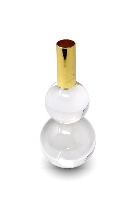 Set of Two Clear And Gold Geo Orbs Crystal Tabletop Taper Candlesticks