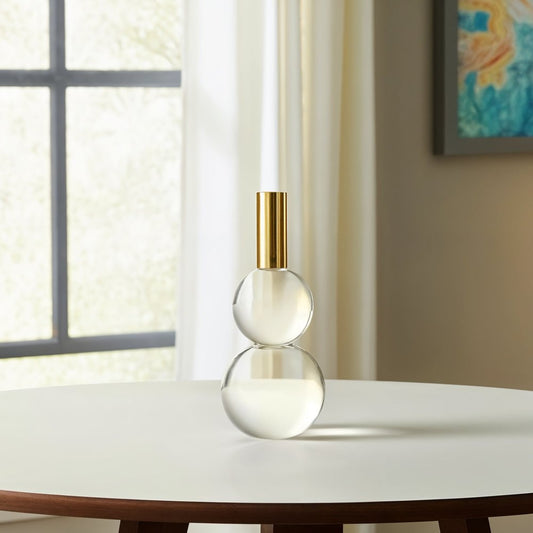 Set of Two Clear And Gold Geo Orbs Crystal Tabletop Taper Candlesticks