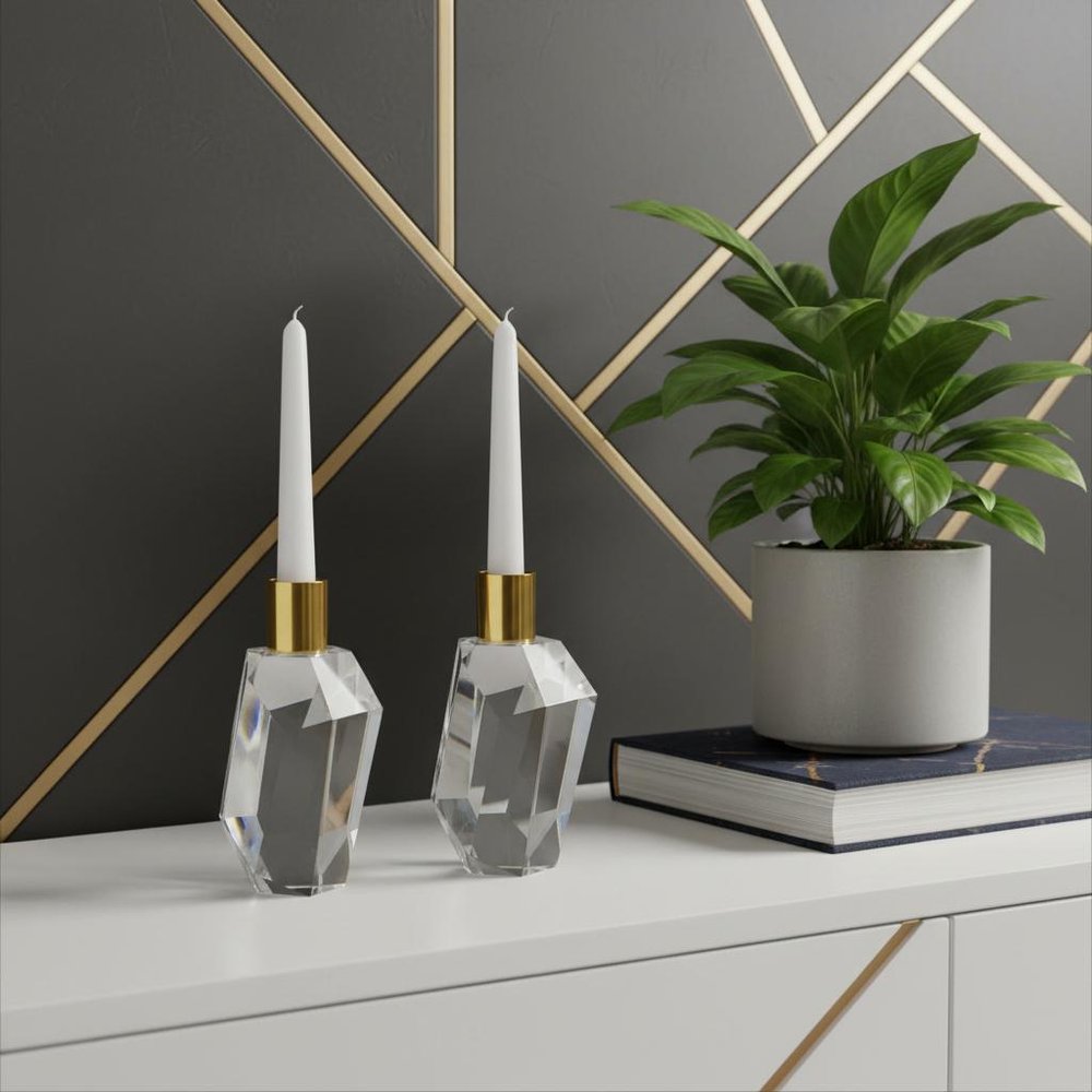 Set of Two Gold Abstract Crystal Tabletop Wedding Taper Candlesticks