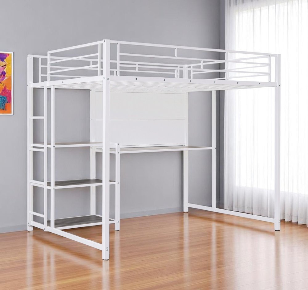 White Slat Steel Full Double Loft Bed With Desk And Shelves