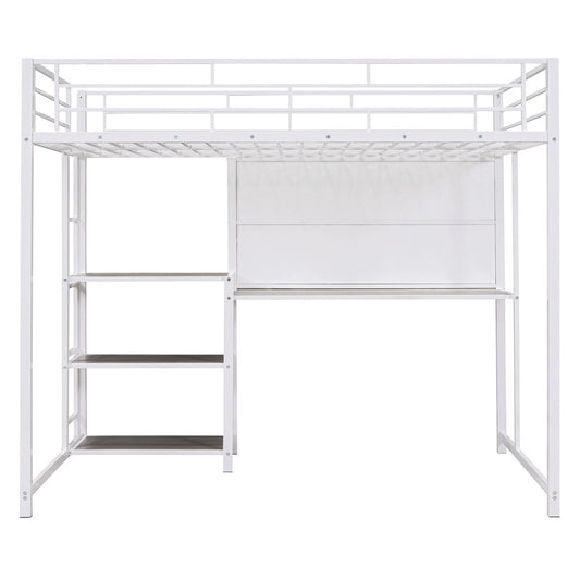 White Slat Steel Full Double Loft Bed With Desk And Shelves