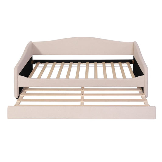 Beige Tufted Boucle Twin Day Bed With LED Lighting And Trundle And USB