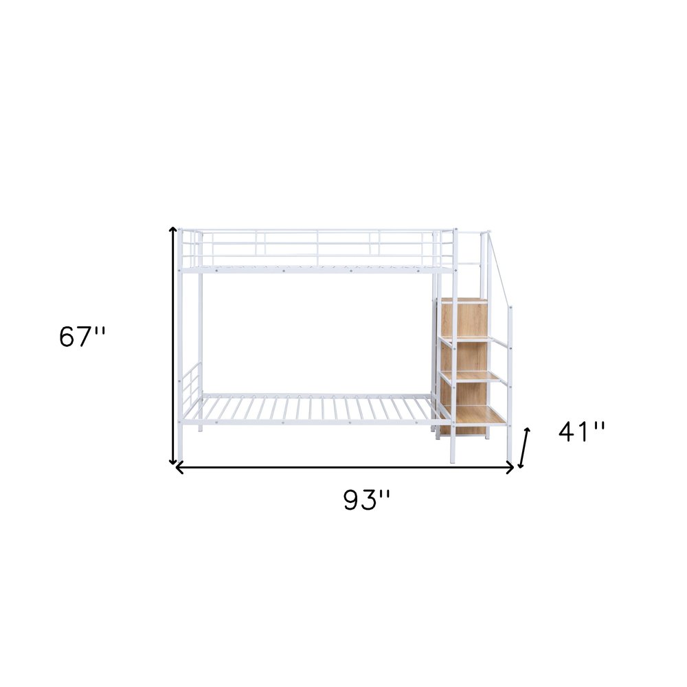 White Twin Over Twin Metal Bunk Bed With Stairs And Storage