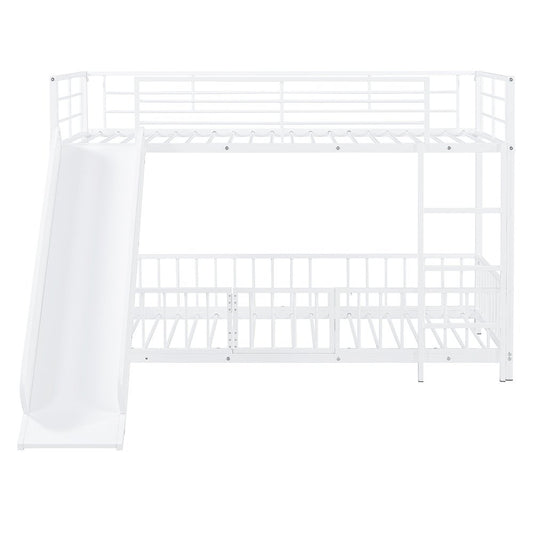 White Twin Over Twin Metal Bunk Bed With Slide