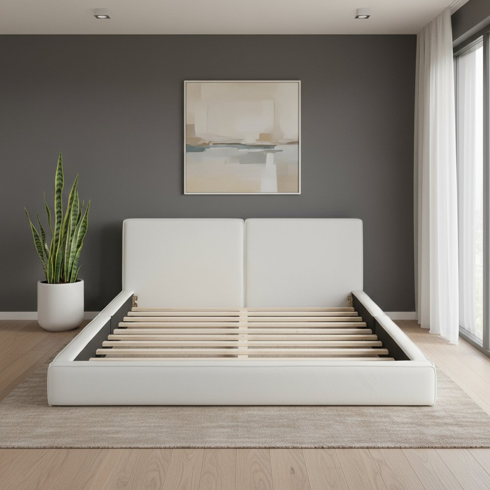 Beige Tufted Velvet Upholstered Queen Bed Frame