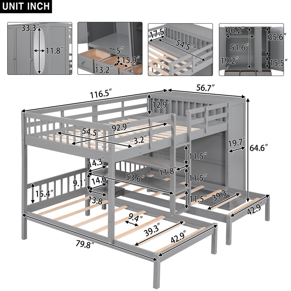 Gray Full Over Two Twins Wood Bunk Bed With Storage