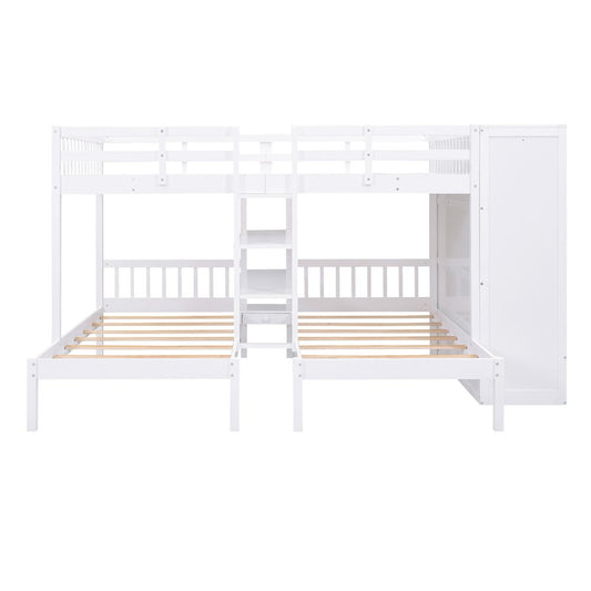 White Full Over Two Twins Wood Bunk Bed With Storage