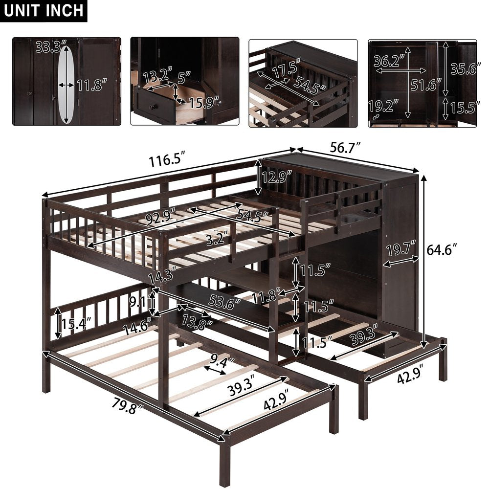 Espresso Full Over Two Twins Wood Bunk Bed With Storage