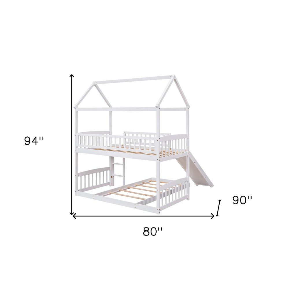 White Twin Over Twin Dollhouse Wood Bunk Bed With Slide