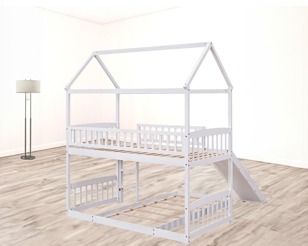 White Twin Over Twin Dollhouse Wood Bunk Bed With Slide