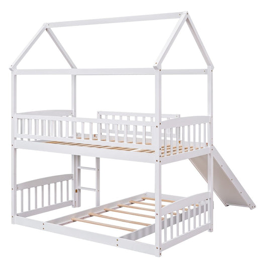White Twin Over Twin Dollhouse Wood Bunk Bed With Slide