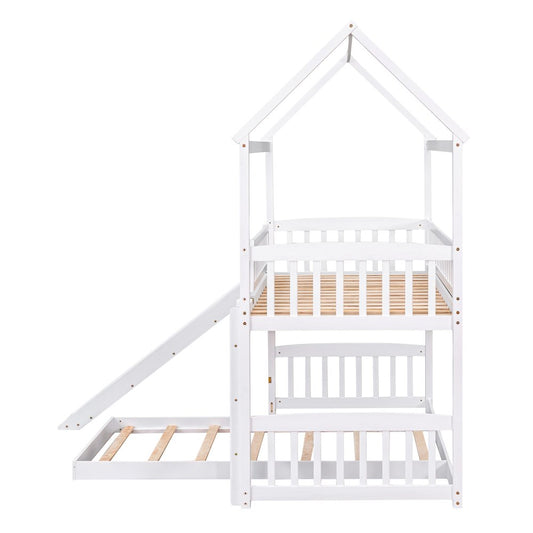 White Twin Over Twin Dollhouse Wood Bunk Bed With Slide