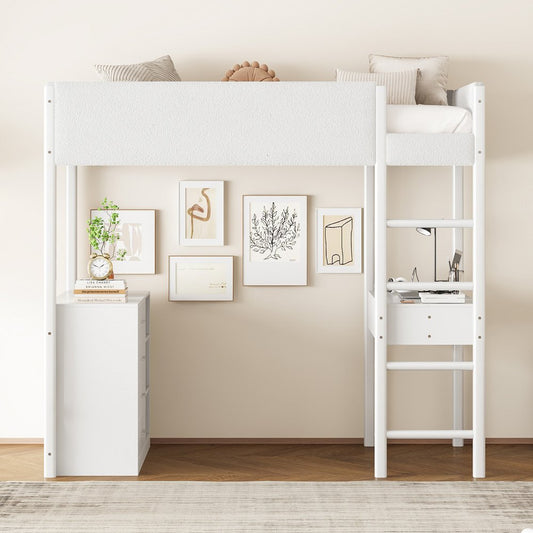 White Platform Wood Twin Loft Bed with Desk