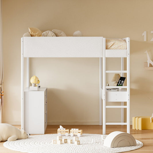 White Platform Wood Full Double Loft Bed with Desk