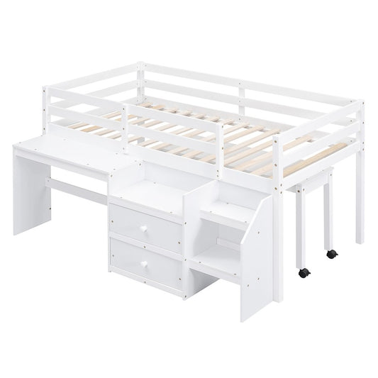 White Platform Wood Twin Loft Bed with Desk and Shelves