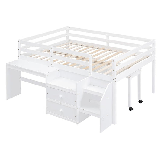 White Platform Wood Full Double Loft Bed with Desk and Shelves
