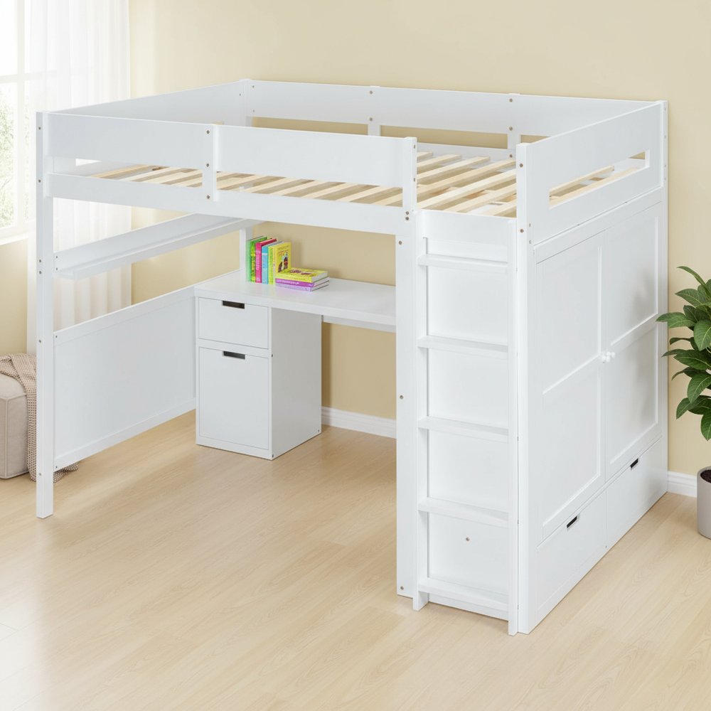 White Platform Wood Full Double Loft Bed with Desk and Shelves