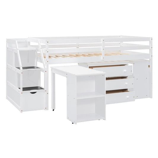 White Platform Wood Twin Loft Bed with Desk and Shelves