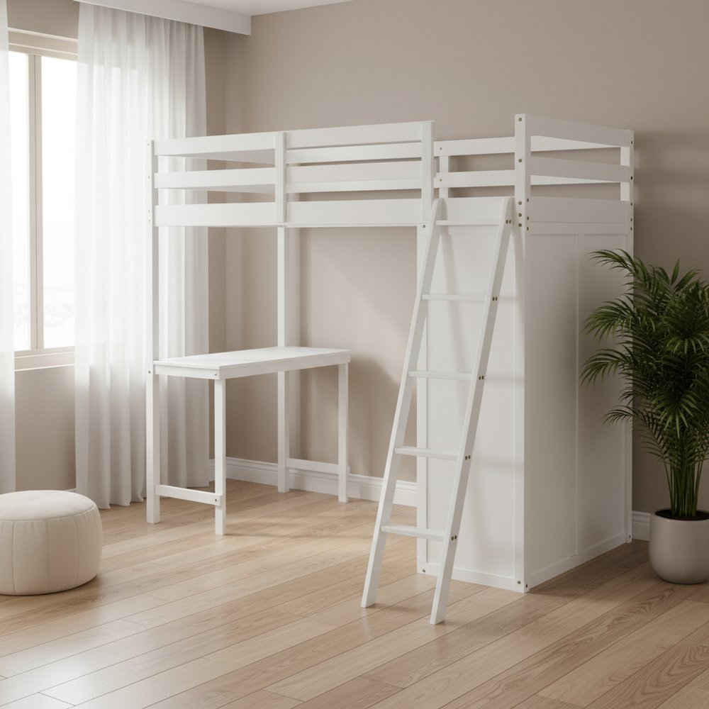 White Platform Wood Twin Loft Bed with Desk and Shelves