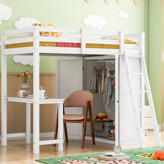 White Platform Wood Twin Loft Bed with Desk and Shelves