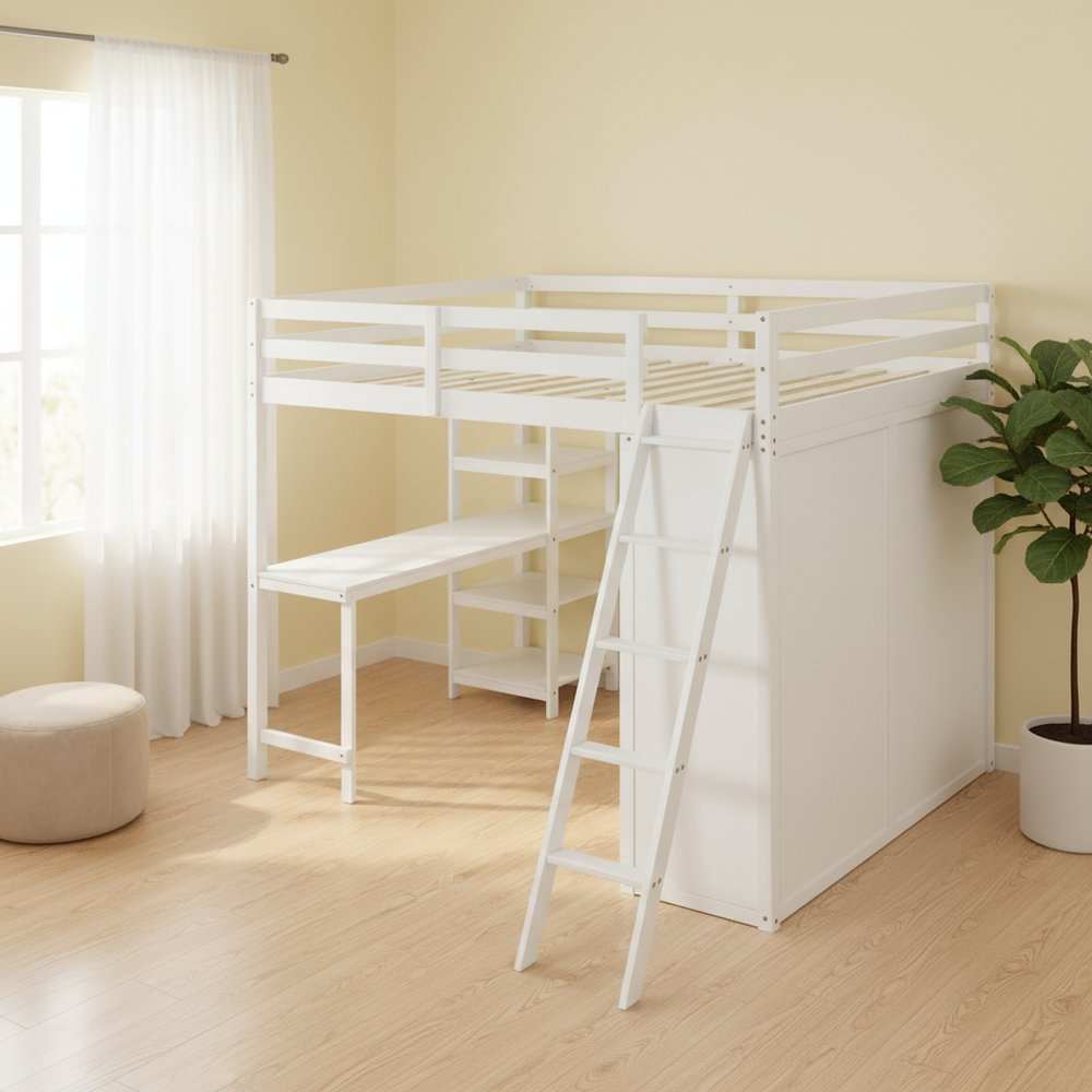White Platform Wood Full Double Loft Bed with Desk and Shelves