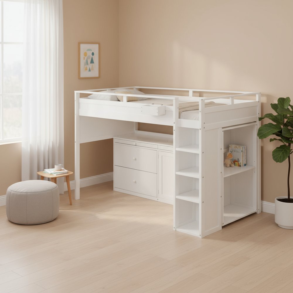 White Platform Wood Full Double Loft Bed with Desk and Shelves