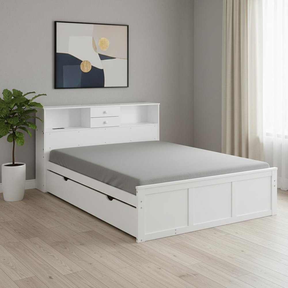 White Wood Full Bed Frame With Trundle And Drawers