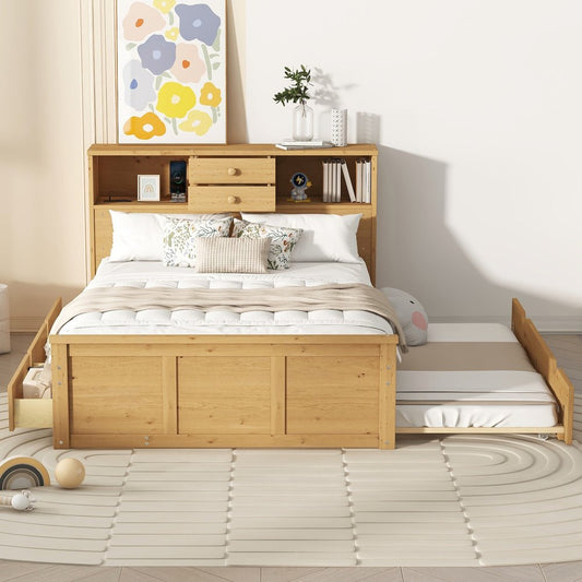 Natural Wood Full Bed Frame With Trundle And Drawers