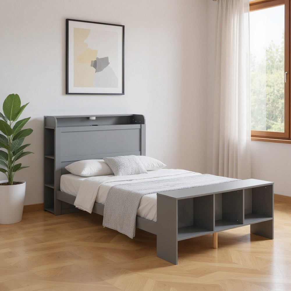 Gray Wood Twin Bed Frame With USB