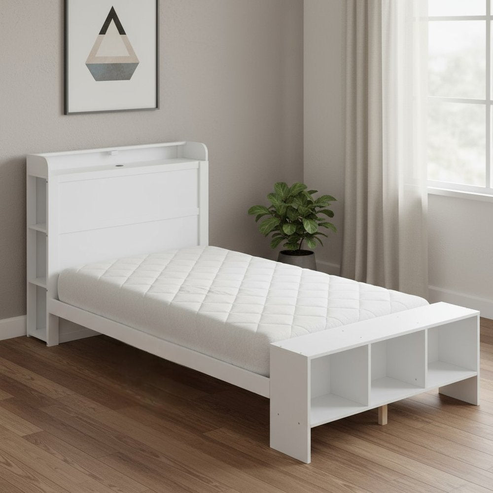 White Wood Twin Bed Frame With USB