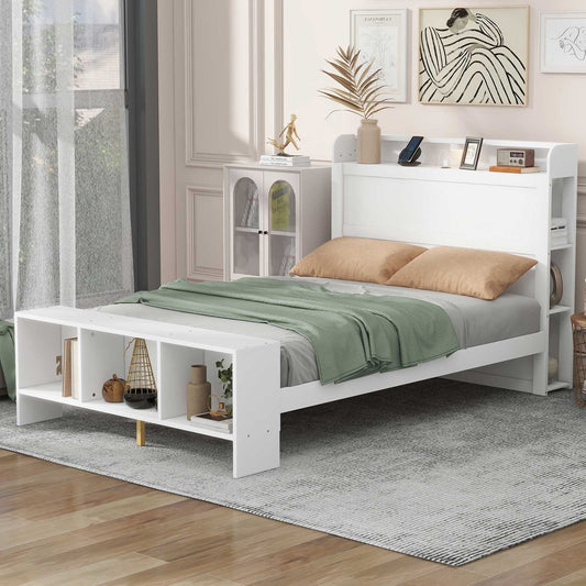 White Wood Full Bed Frame With LED Lighting And USB