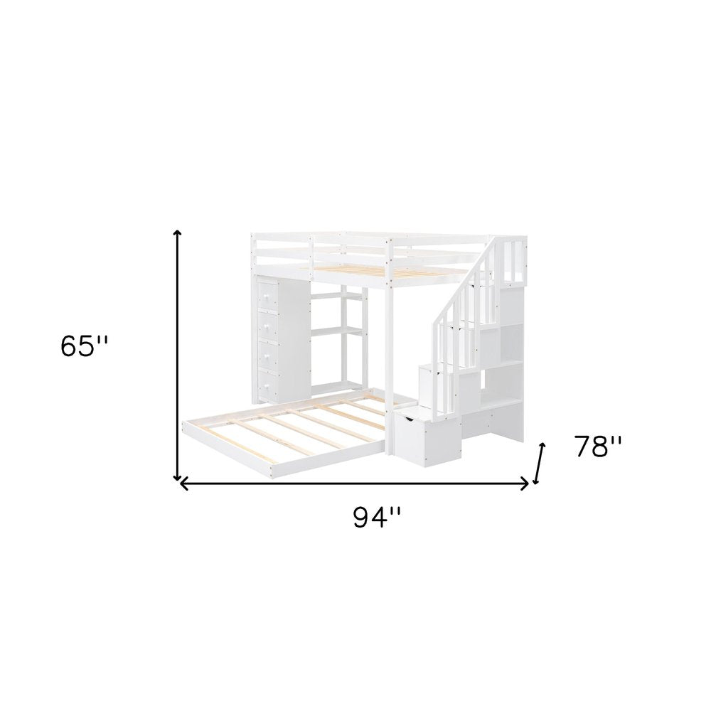 White Twin Over Full Wood Bunk Bed With Stairs And Drawers And Storage