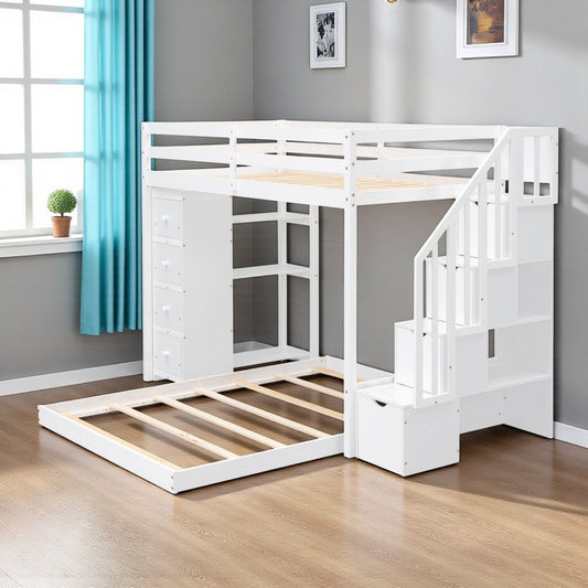 White Twin Over Full Wood Bunk Bed With Stairs And Drawers And Storage