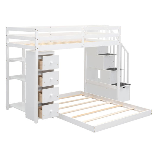 White Twin Over Full Wood Bunk Bed With Stairs And Drawers And Storage