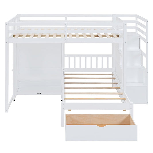 White Full Over Twin Wood Bunk Bed With Stairs And Drawers And Storage