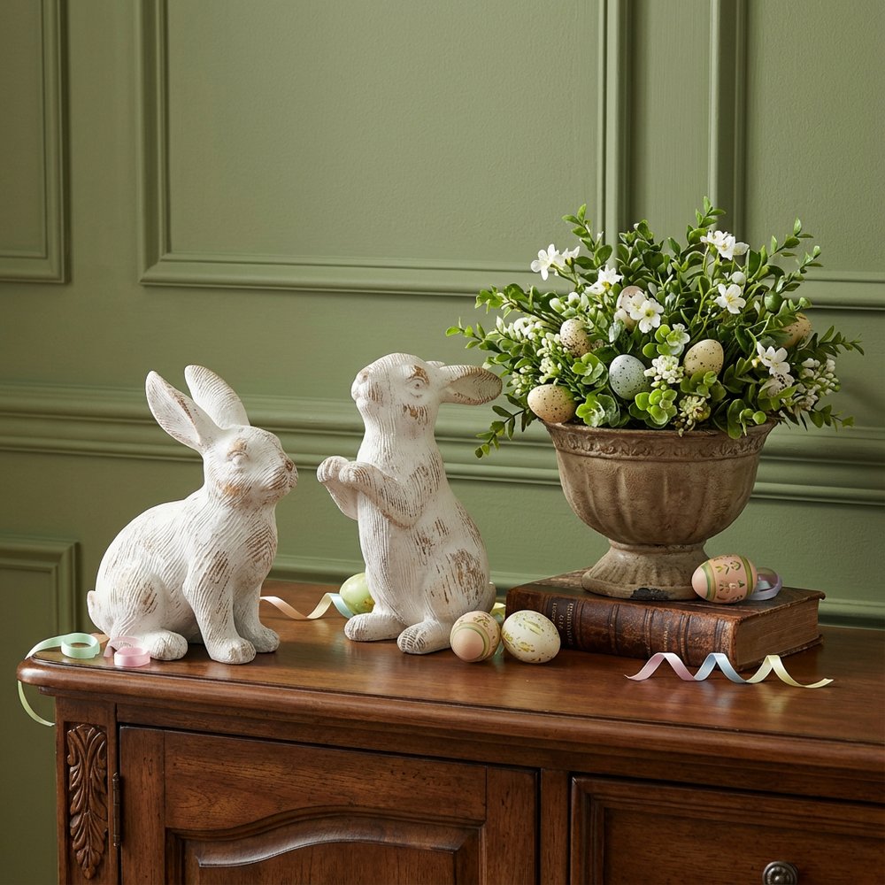 Set of Two White Resin Rabbit Figurines