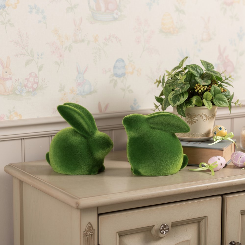 Set of Two Green Faux Moss Covered Terracotta Rabbit Figurines