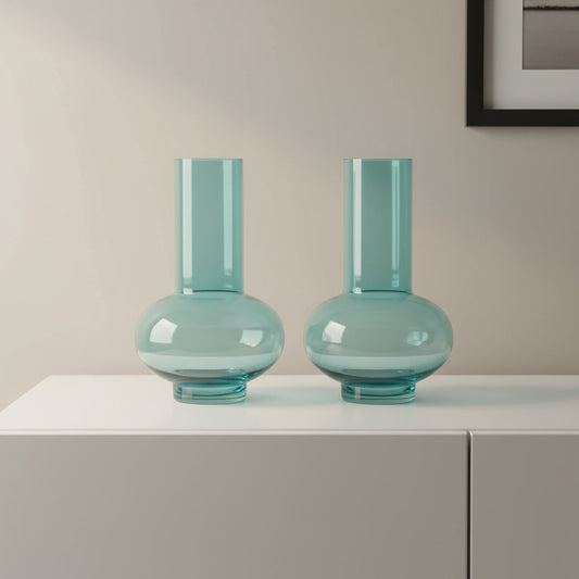 Set of Two Aqua Glass Round Table Vases