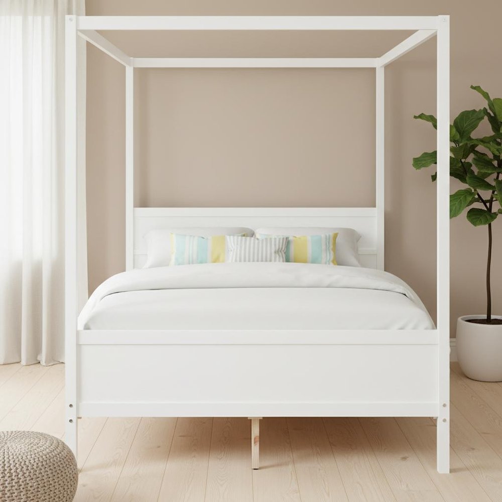 White Inlaid Panels Wood Queen Canopy Bed